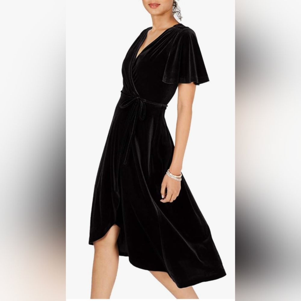 Midi black velvet wrap dress